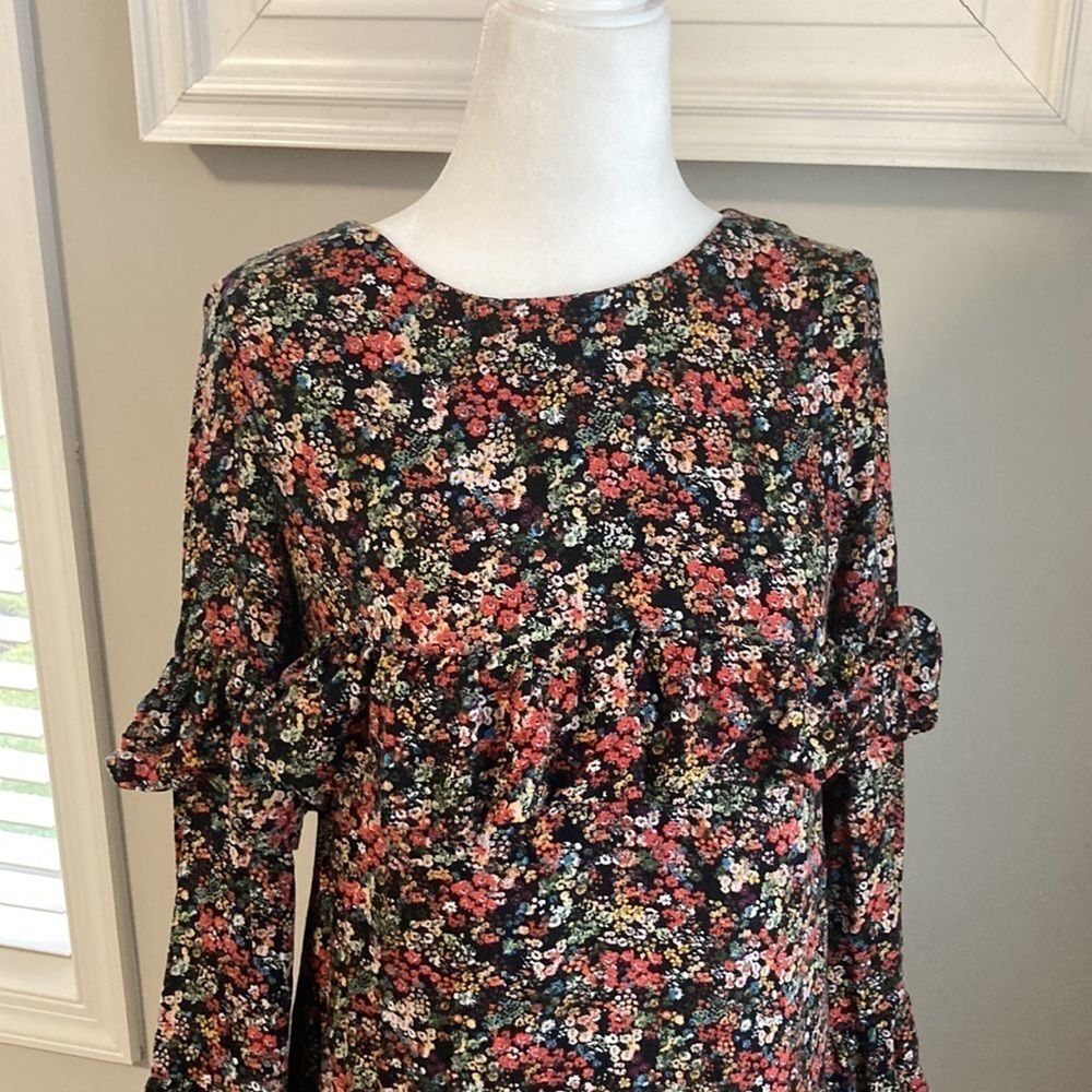 Zara Trafaluc Collection Black Floral Boho Tiered Ruffle Fall Tunic Mini Dress - Picture 11 of 16